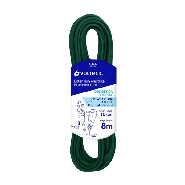 Extensión Eléctrica Doméstica 8 M Verde Con Clavija Plana Volteck 48032