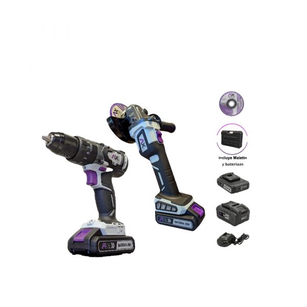 Kit De Esmeriladora Y Taladro En Maleta Plastica Y 10 Discos 4 1/2" AXTECH KITER20V