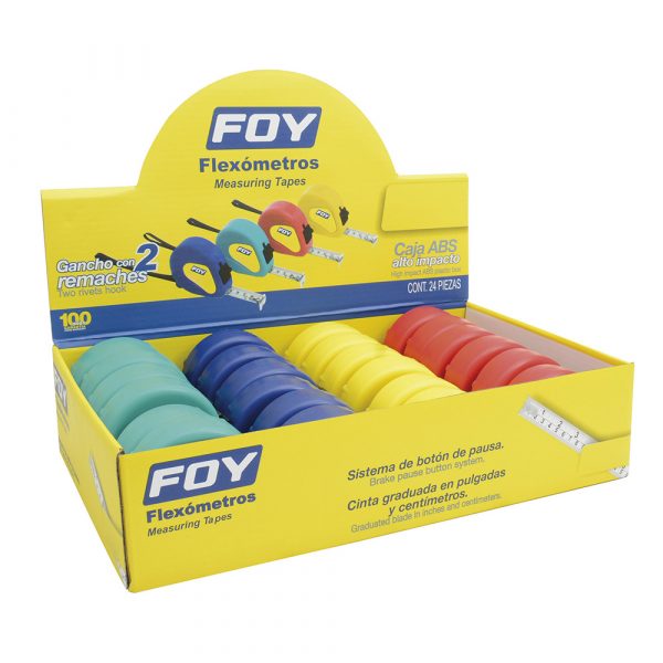 Flexómetros con carcasa de plástico colores en display 5 m x 3/4", 12 piezas Foy 142132