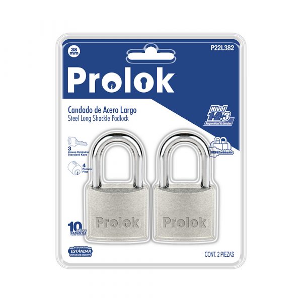 Juego De Candados De Acero Largos 38 Mm Llave Estándar 2 Piezas Prolok P22L382