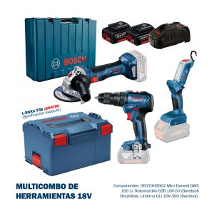 Multicombo de Rotomartillo + Esmeril + Linterna + Caja De Herramientas 18V Bosch