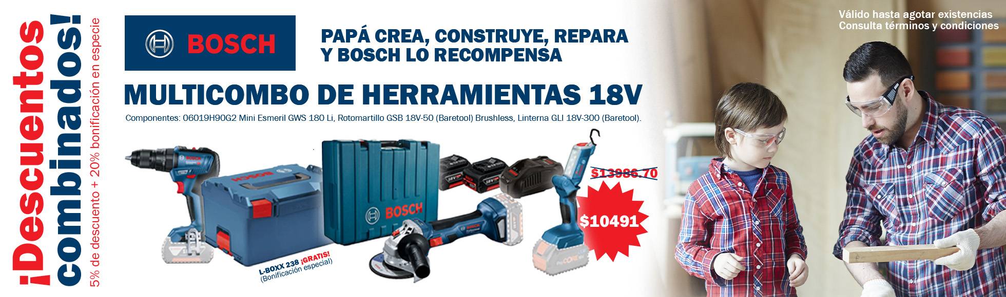 Mini Esmeril GWS 180 Li, Rotomartillo GSB 18V-50 (Baretool) Brushless, Linterna GLI 18V-300 (Baretool).